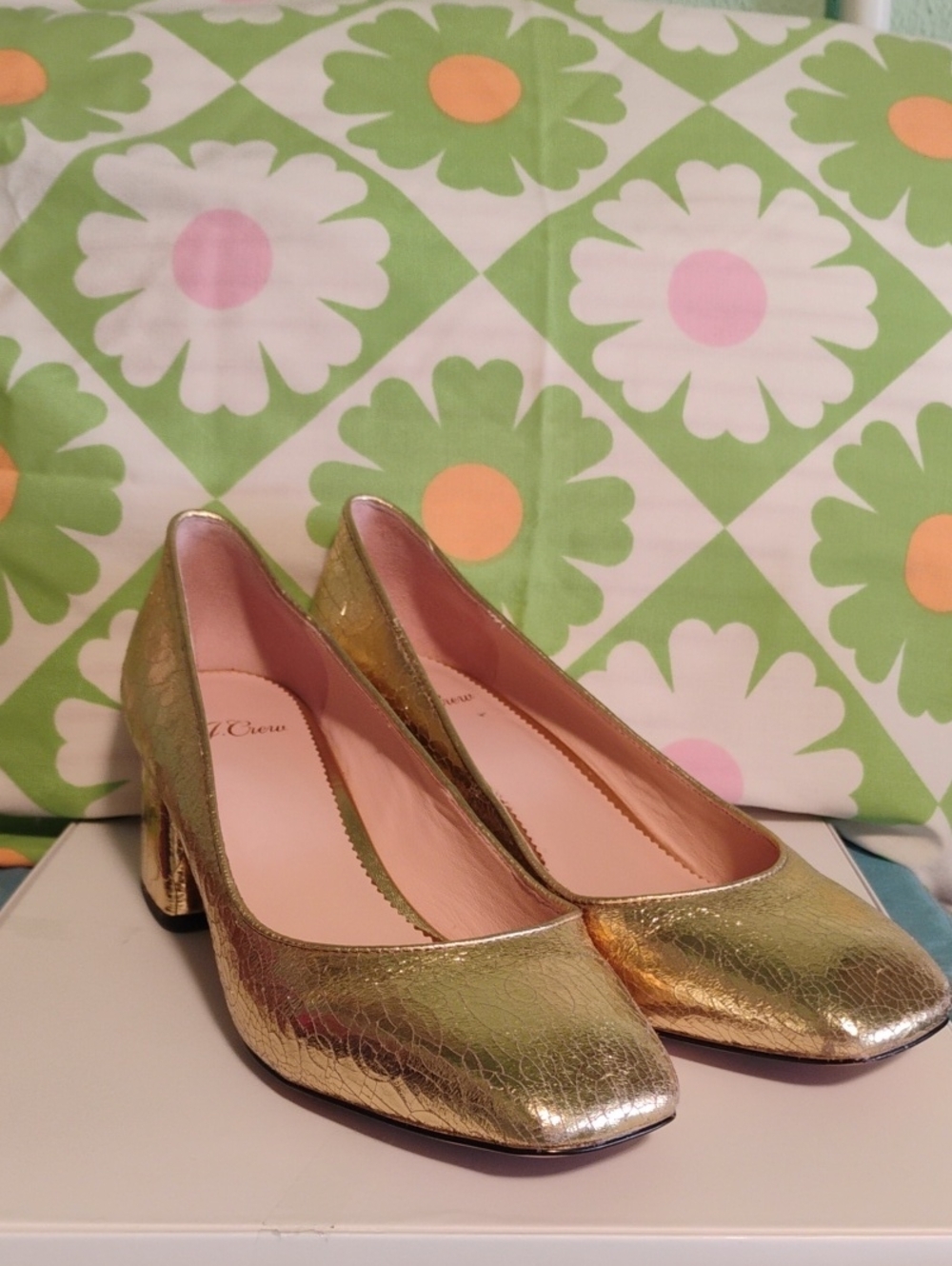 J. Crew Celia Gold Block Heel Pumps Mod 60s Retro Vintage